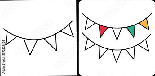 Flags Garland Coloring Book Page – Outline Line Art Decorative Banner for Kids and Adults