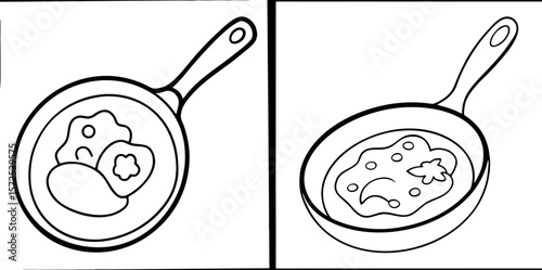 Frying Pan with Scrambled Egg Coloring Book Page – Outline Line Art Breakfast Illustration for Kids and Adults