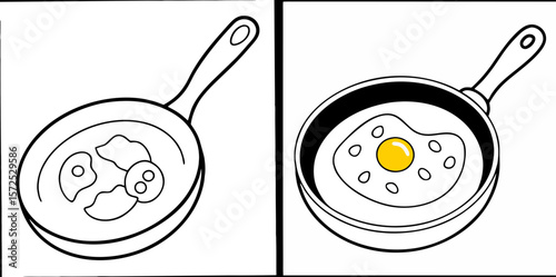 Frying Pan with Scrambled Egg Coloring Book Page – Outline Line Art Breakfast Illustration for Kids and Adults