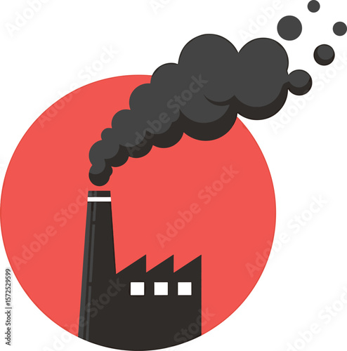 A stark depiction shows industrial pollution from a factory spewing black smoke, set against a vibrant red circle, symbolizing environmental concerns.