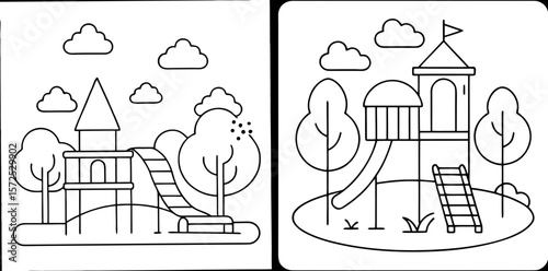 Playground Coloring Book Page – Outline Line Art Outdoor Play Area for Kids and Adults