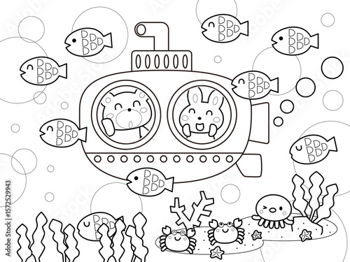 潜水艦と魚たちの塗り絵
