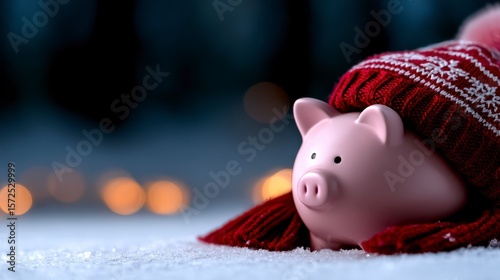 Piggy bank wear christmas hat in snowy weather. Q4 fiscal quarter in winter. A ceramic money container adorned with a festive head covering during a winter storm financial results for