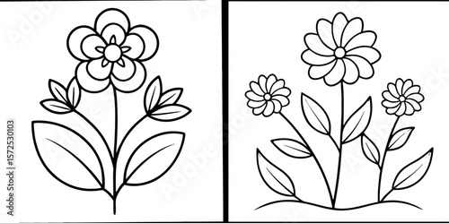 Simple Garden Flowers Coloring Book Page – Outline Line Art Floral Design for Kids and Adults