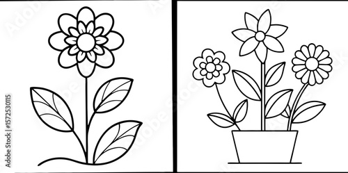 Simple Garden Flowers Coloring Book Page – Outline Line Art Floral Design for Kids and Adults