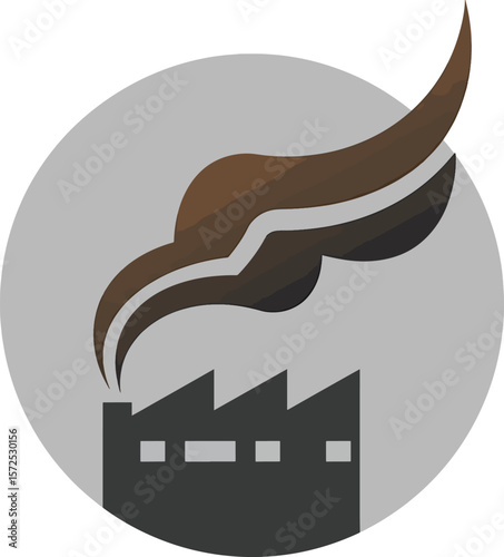 Dramatic factory icon showcases industrial pollution with dark smoke against a grey background and transparent elements for modern design use.