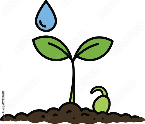 A sprouting seedling illustration rises from rich soil with a life-giving water drop ready to help this plant grow.