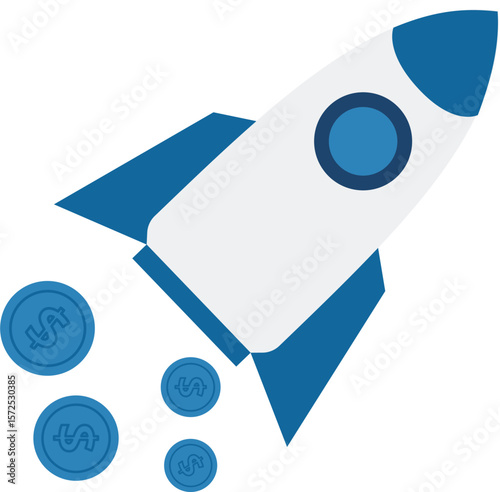 Spaceship startup concept blue icon in flat design. Vector illustration.