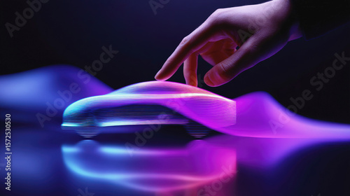 Hand interacting with futuristic glowing holographic car model in neon light, symbolizing innovation, digital design and smart automotive technology in a dark environment. Selective focus.