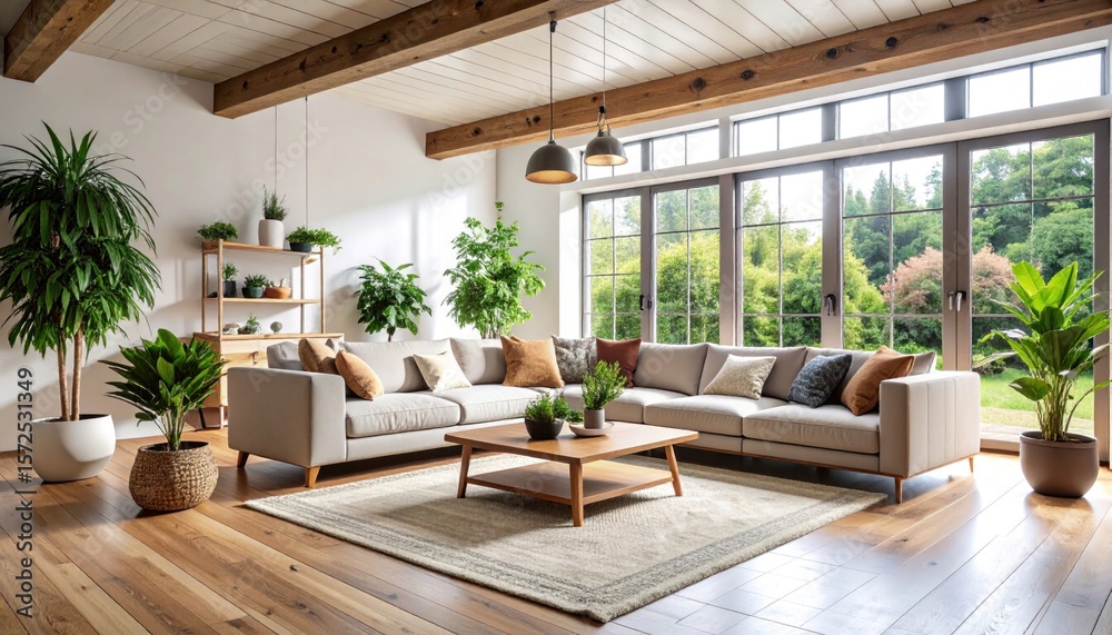 Obraz premium Serene Modern Living Room: Luminous Sunlight, Exposed Beams, Lush Greenery