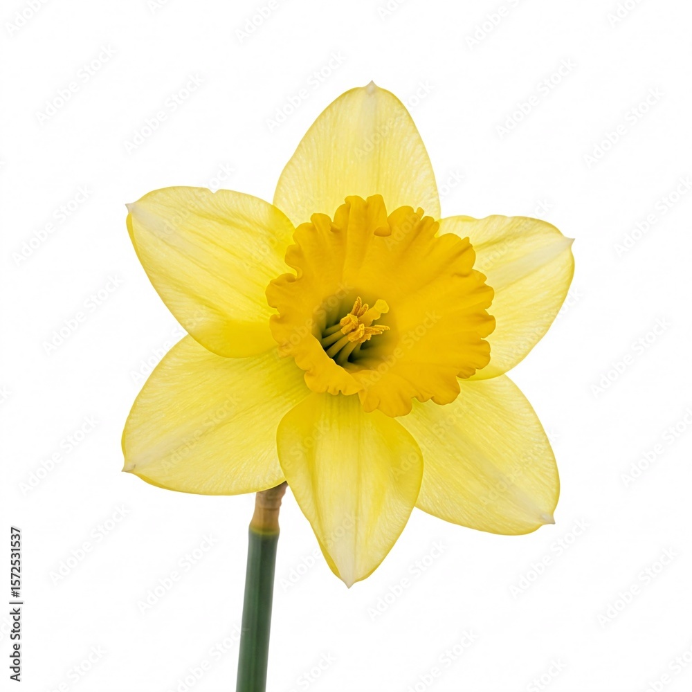 Obraz premium Yellow daffodil flower with a green stem, isolated on a white