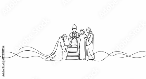 A spiritual ceremony is being observed in this minimalistic line art design, capturing a sacred moment.