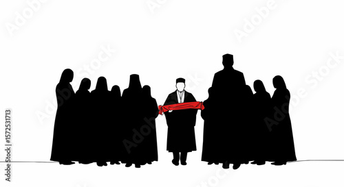 Ceremonial red ribbon cutting silhouette scene.