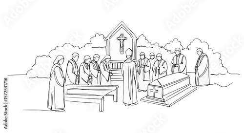 A solemn religious ceremony is taking place, centered around a coffin, with attendees dressed in somber attire. 