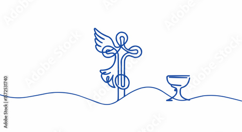 A minimalist line art drawing of a winged cross and a chalice, symbolizing faith and spirituality.