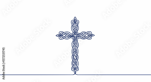 A simple Celtic cross drawn with one continuous line, symbolizing faith and heritage.