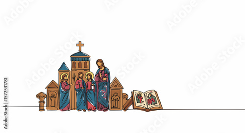 Illustrative depiction of religious figures and structures, embodying faith and spirituality.