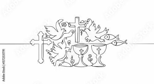 A delicate sketch of religious symbols including cross, dove, chalice, and fish. 