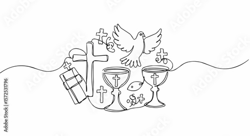 A minimalist black line drawing of religious symbols.