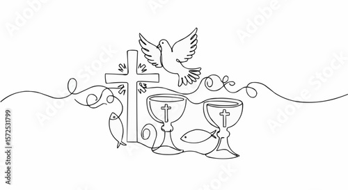 Continuous line drawing of holy communion symbols.