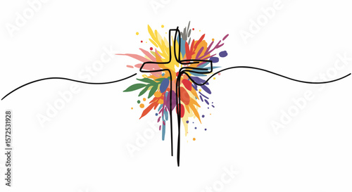 A vibrant cross composed of colorful leaves and lines, symbolizing faith and spirituality.