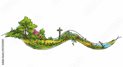 A stylized illustration depicting a serene landscape with a cross in the center, symbolizing faith, hope and renewal. 