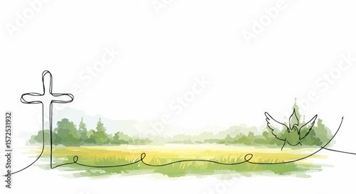 A minimalist illustration featuring a cross and a dove on a scenic background. 