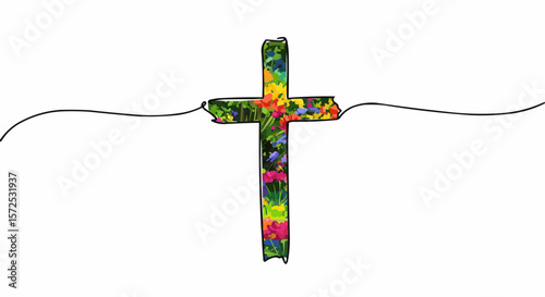 A vibrant cross adorned with nature's beauty and symbolic meaning. 