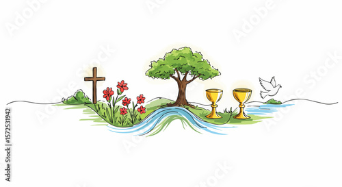 Serene religious illustration featuring a cross, tree, chalice, dove, and stream.