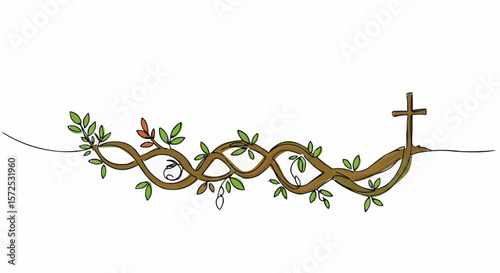 An intricate, artistic vine design, complete with a cross and leaves.