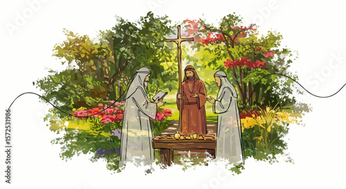 A serene religious scene depicting three figures in prayer around a wooden table with a cross in the background.