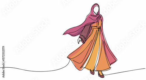 A woman wearing a hijab in line drawing art form. 