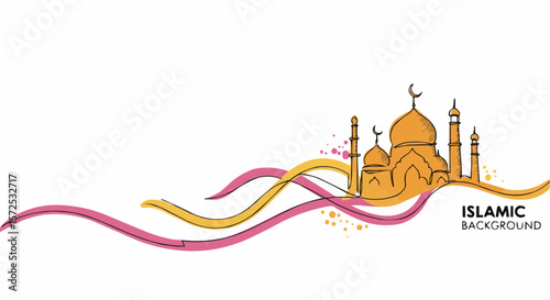 An Islamic mosque illustration on a colorful background, symbolizing culture and spirituality.