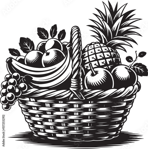 Monochromatic Fruit Basket Abundance A Still Life Composition with Bananas, Grapes, Apples, and Pineapple for a Classic Aesthetic Print
