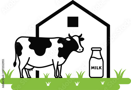 Farm scene featuring a cow, milk bottle, and barn in a minimalist black and white design with green grass.