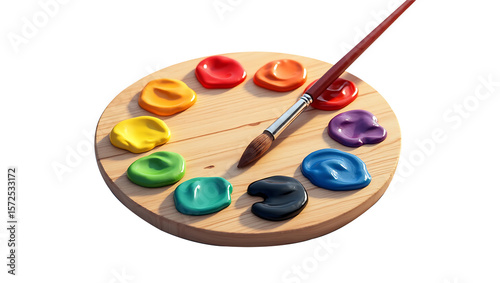 Realistic Wooden Artist Palette with Colorful Paints and Brush on White Background