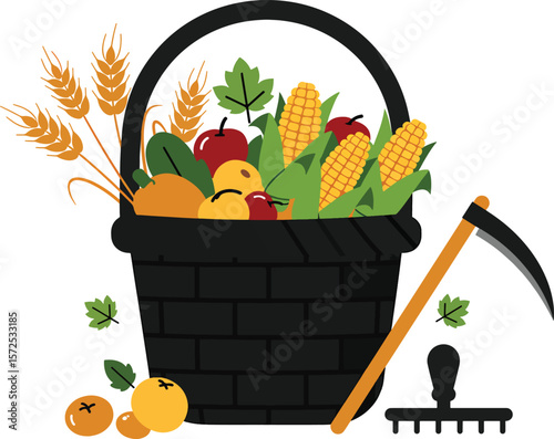 Black harvest basket overflowing with corn, apples, wheat, and pumpkins displayed alongside a rake and scythe against a transparent background.