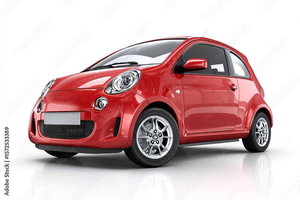 Obraz premium A red compact city car isolated on a clean white background, no shadow, detailed and centered 