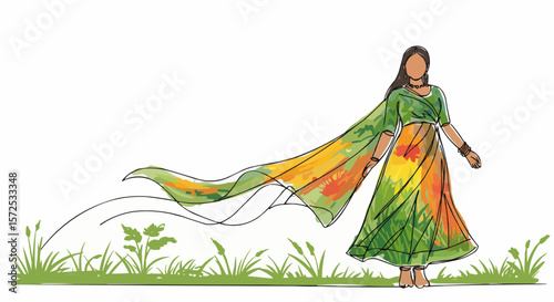Woman in flowing dress, walking in nature.