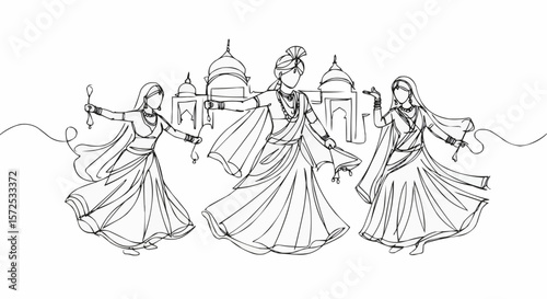 A line art of traditional dancers celebrating in front of an ancient building.