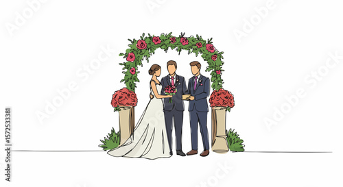 Wedding ceremony illustration: Bride and groom exchanging vows under a floral arch.