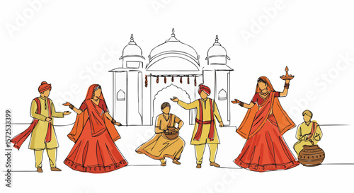 Indian folk dancers performing in front of a majestic building.