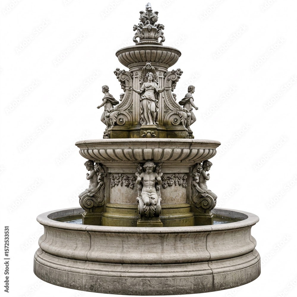 Obraz premium Majestic stone fountain adorned with decorative statues, set against a white