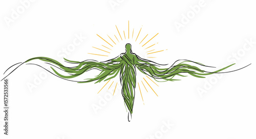 Artistic depiction of a figure made of leaves with outstretched arms, surrounded by radiant light.