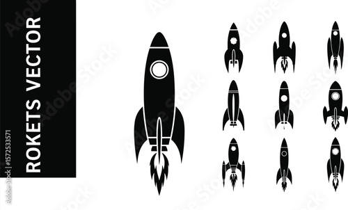 Rocket ship vector icons: black and white space launch graphics