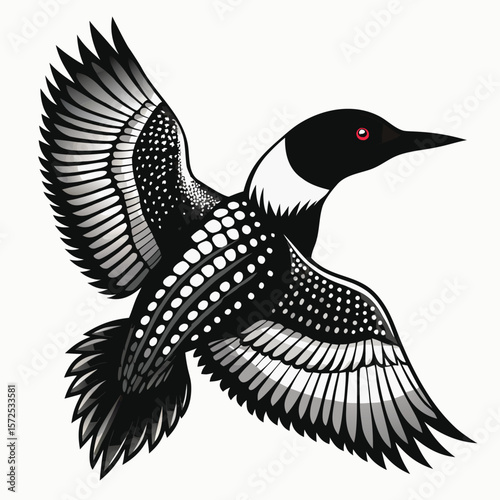 Majestic common loon in flight detailed illustration of a bird with striking black and white plumage and red eye