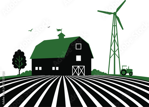 A farm landscape illustration showcasing a barn, fields, windmill, tractor, and trees in a minimalist, vector style.