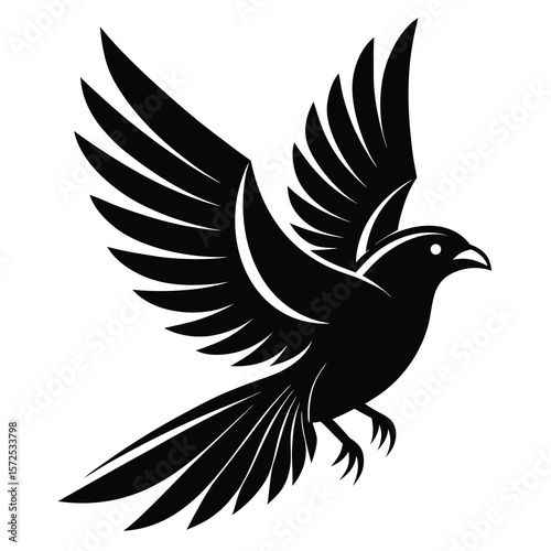 Stylized silhouette of a black bird in mid flight with wings spread wide against a white background