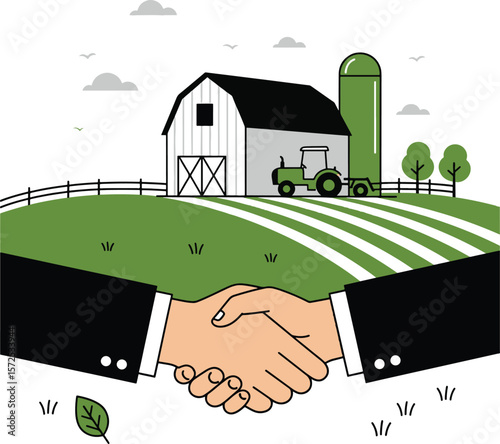 A farm business deal with handshake in front of barn, field, tractor and silo to symbolize partnership.