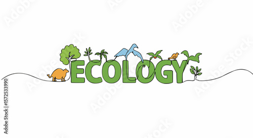 Illustration of the word "Ecology" with various nature elements. 